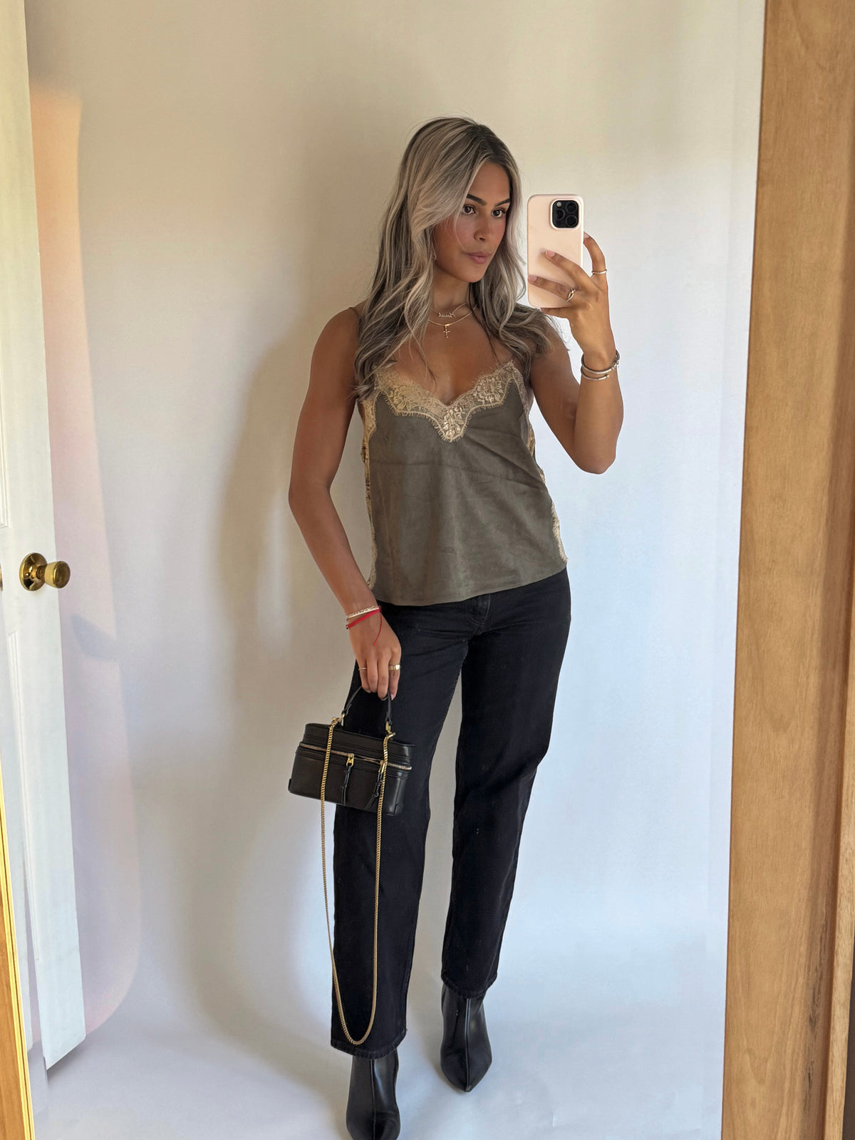 Evange Olive Suede Lace Top